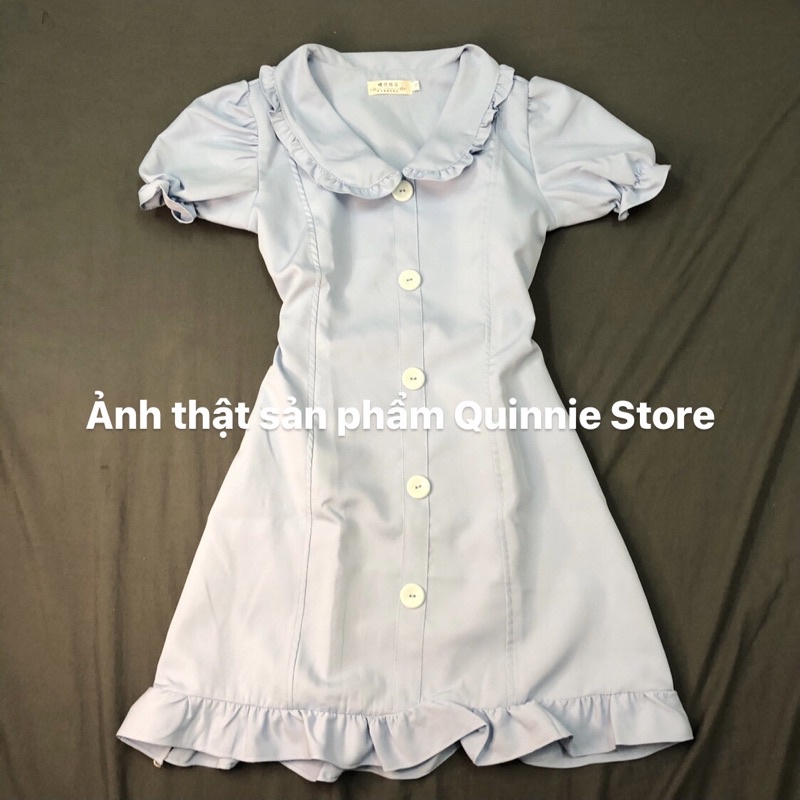 Váy sơmi cổ bèo tay phồng màu xanh dương, đầm khoá kéo | BigBuy360 - bigbuy360.vn