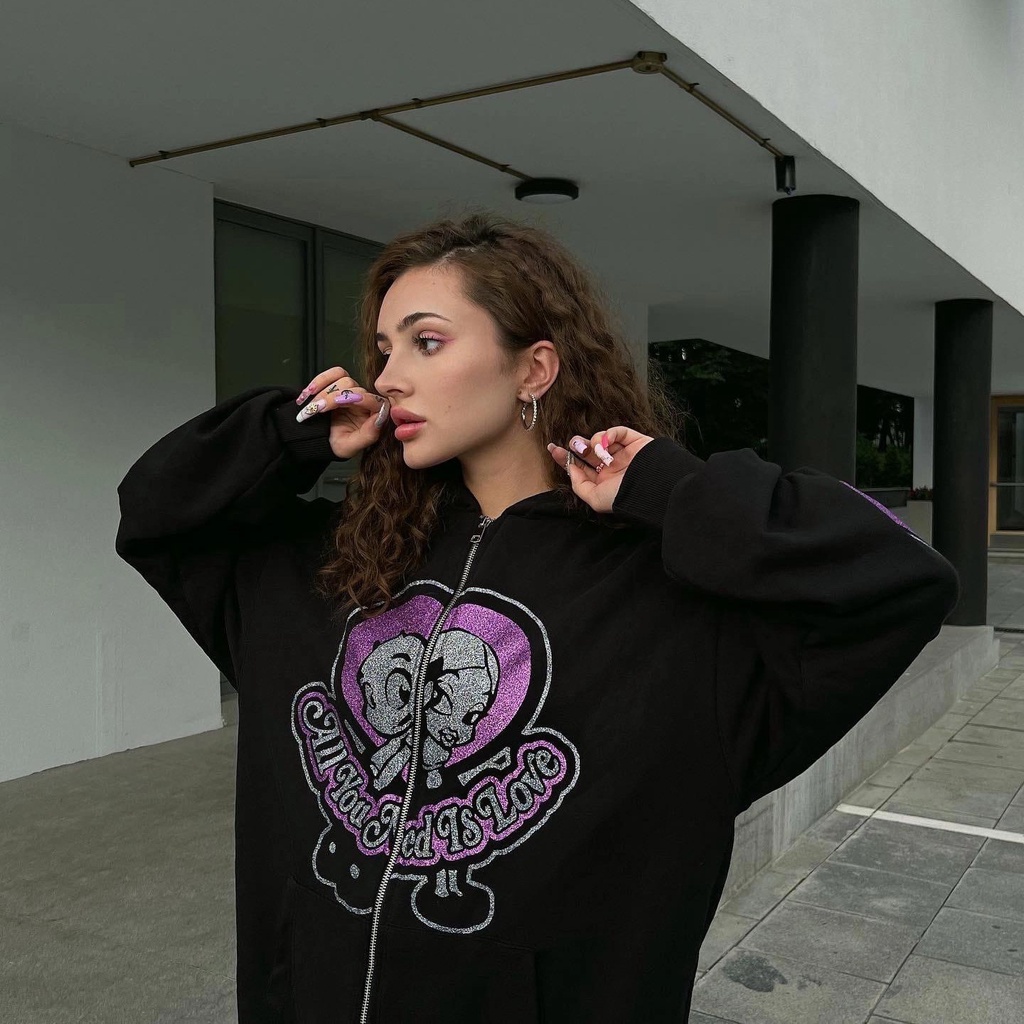 Áo Hoodie Có Khóa Kéo In Họa Tiết Hoạt Hình Phong Cách Harajuku Vintage Y2k