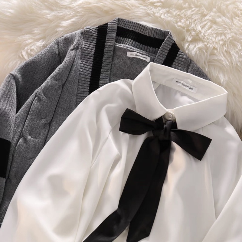 Set cardigan + áo sơmi tiểu thư