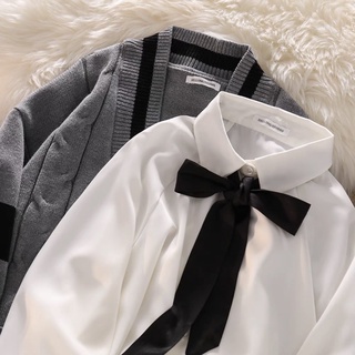 Set cardigan + áo sơmi tiểu thư (kèm nơ)
