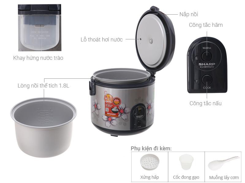MỚI 100%-Nồi cơm điện Sharp 1.8 lít KS-191STV sản xuất tại Thái Lan 100% chính hãng chất lượng tốt.