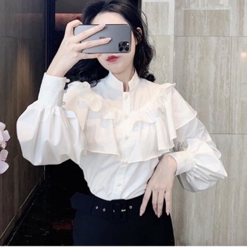 Áo sơ mi nữ tay phồng bèo tầng cổ trụ, sơ mi công sở dài tay nữ tính