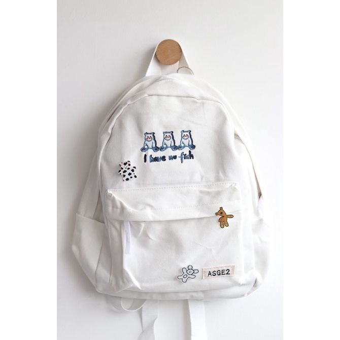 Ba lô canvas thêu hình gấu dễ thương cho nữ