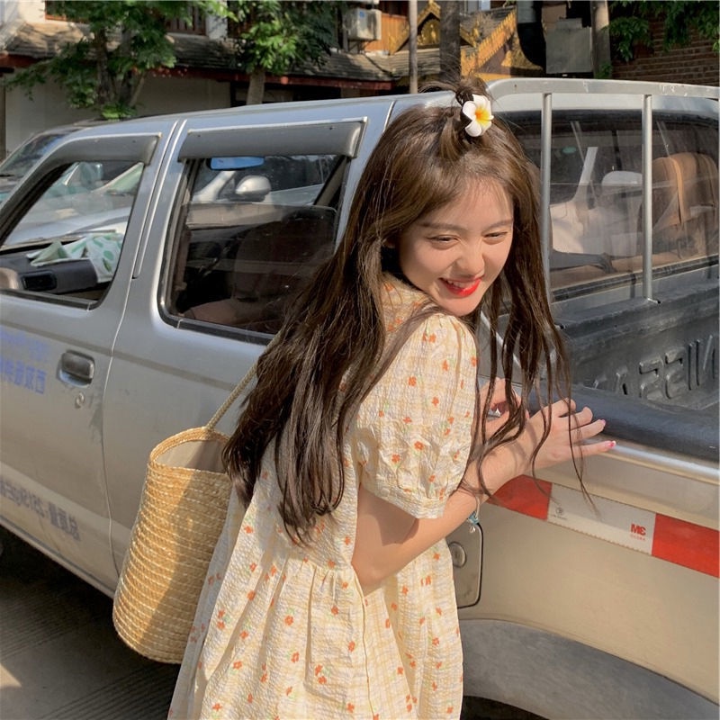 Đầm tay phồng dáng dài họa tiết hoa phong cách Hàn quốc