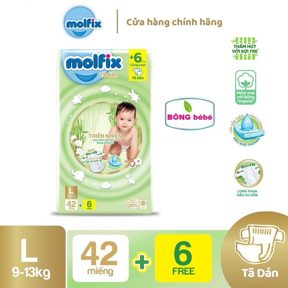 Tã dán Molfix thiên nhiên an toàn bông tự nhiên - Jumbo L (9kg - 13kg) - Gói 42+6 miếng