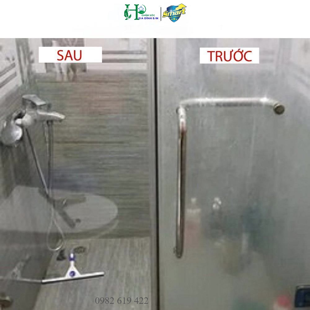 Tẩy cặn canxi vách kính nhà tắm Smart, làm sạch gương kính, vách kính phòng tắm