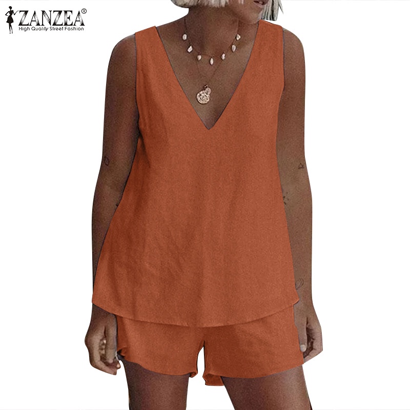 Bộ đồ nữ ZANZEA với áo blouse không tay cổ V và quần short co giãn màu trơn thời trang