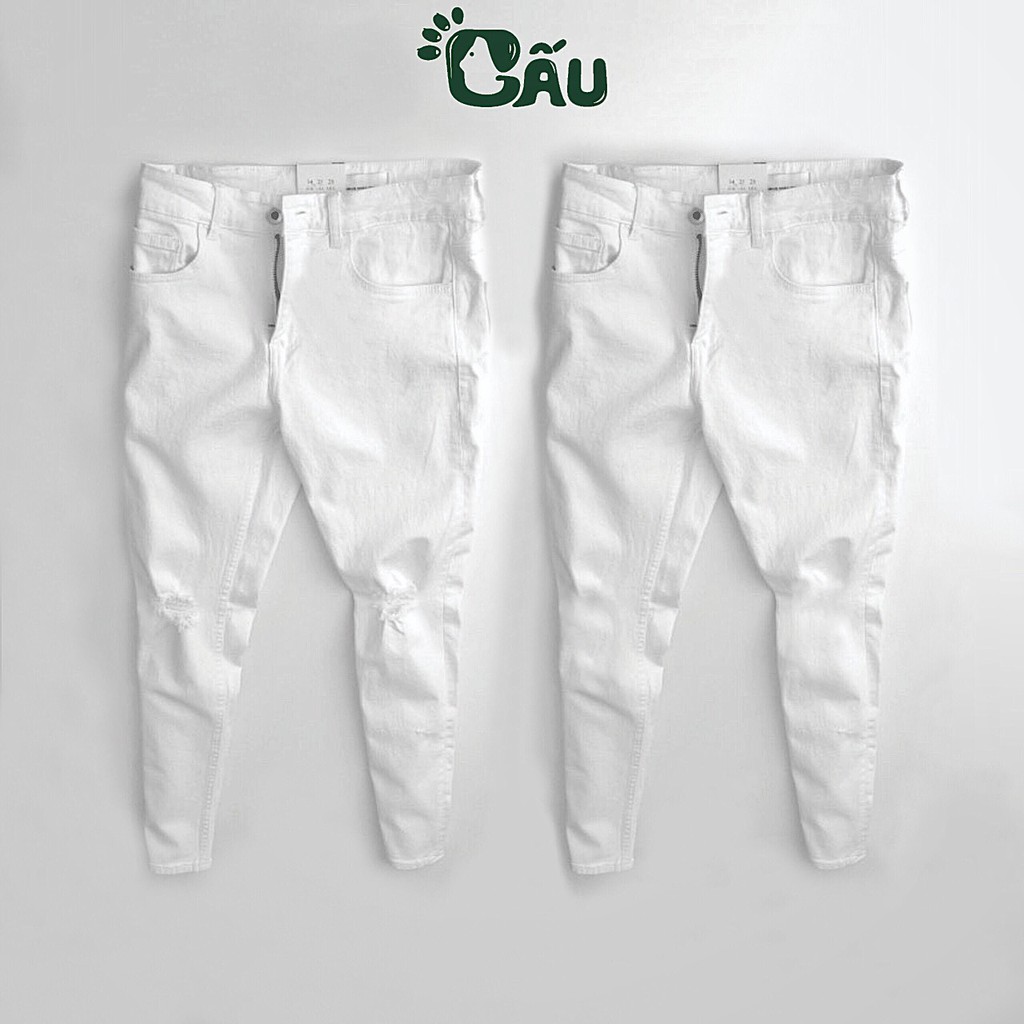 Quần jean nam trắng GẤU 194 trơn & rách vải jeans co dãn, dày dặn, form slimfit - Mã 25