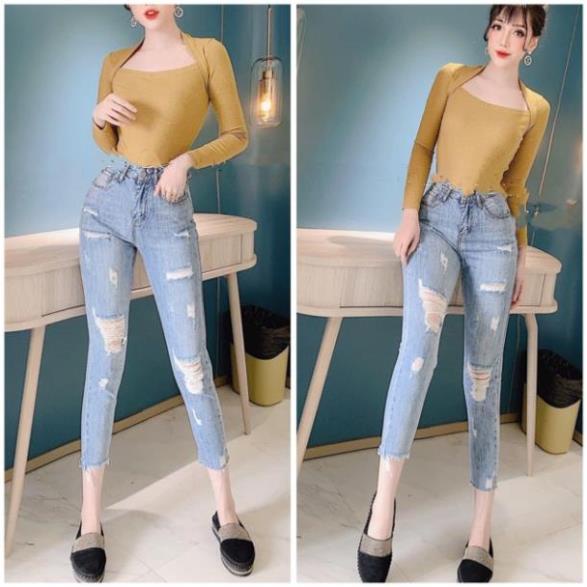 Quần jean dài 9 tấc BIG SIZE lưng cao co dãn mạnh rách kiểu đẹp rẻ 3256 Đẹp *
