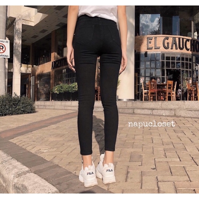 [Bigsize 32-36] Quần jean skinny đen rách xẻ 1 gối, lưng cao qua rốn, co giãn mạnh