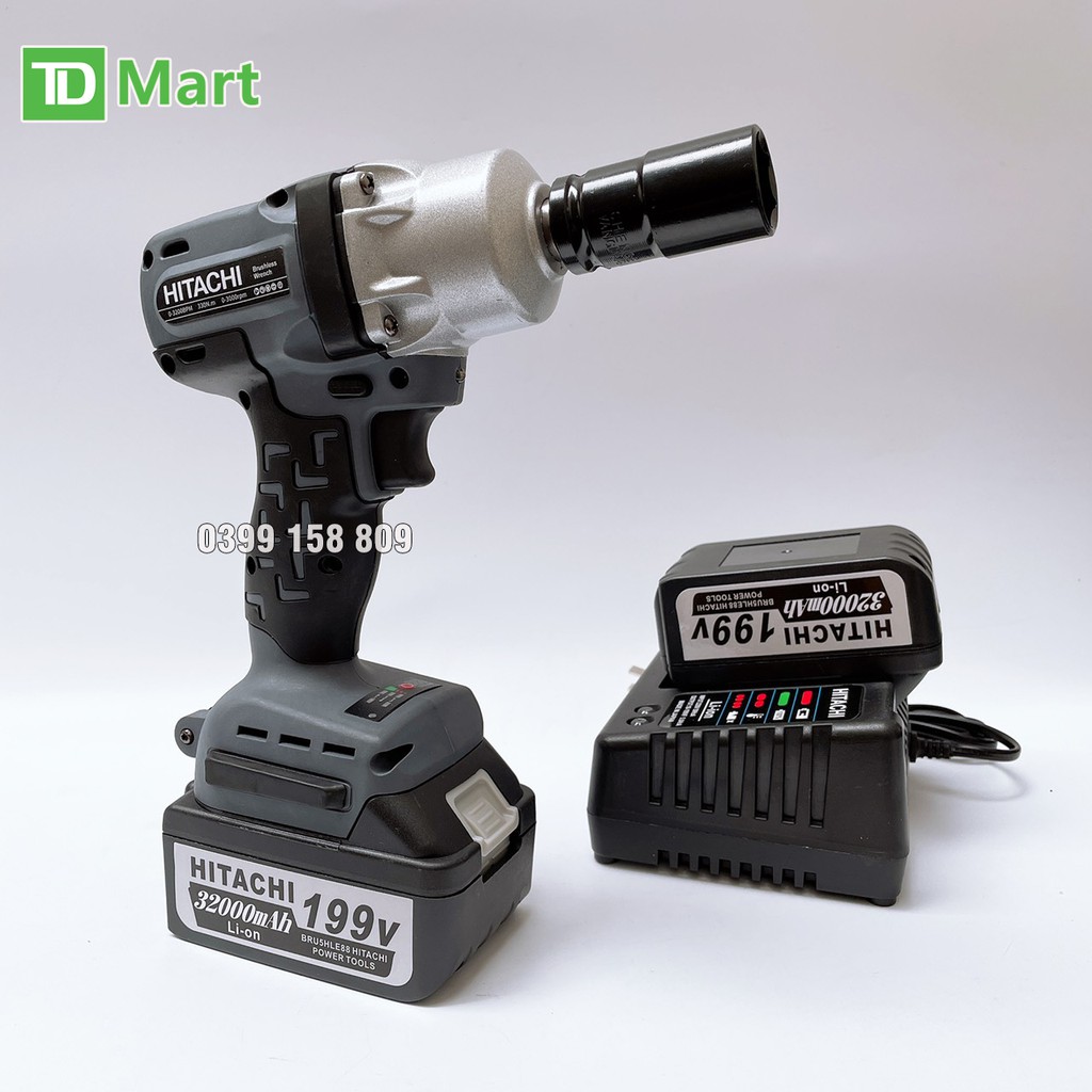 Máy Siết Bulong Dùng Pin 199V HITACHI Đông Cơ Không Chổi Than Pin Xám