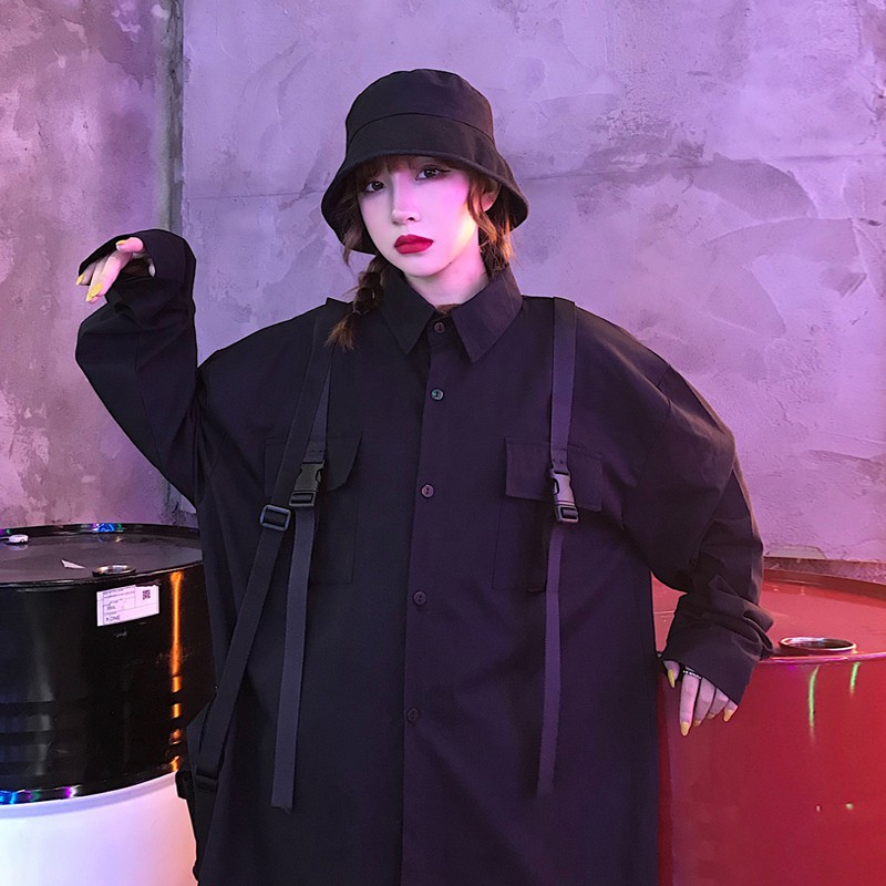 Sơ mi đen ulzzang nam nữ thiết kế dây phong cách