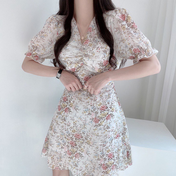 Đầm Voan Hoa Cổ Chữ V Xinh Xắn Theo Phong Cách Hàn Quốc
