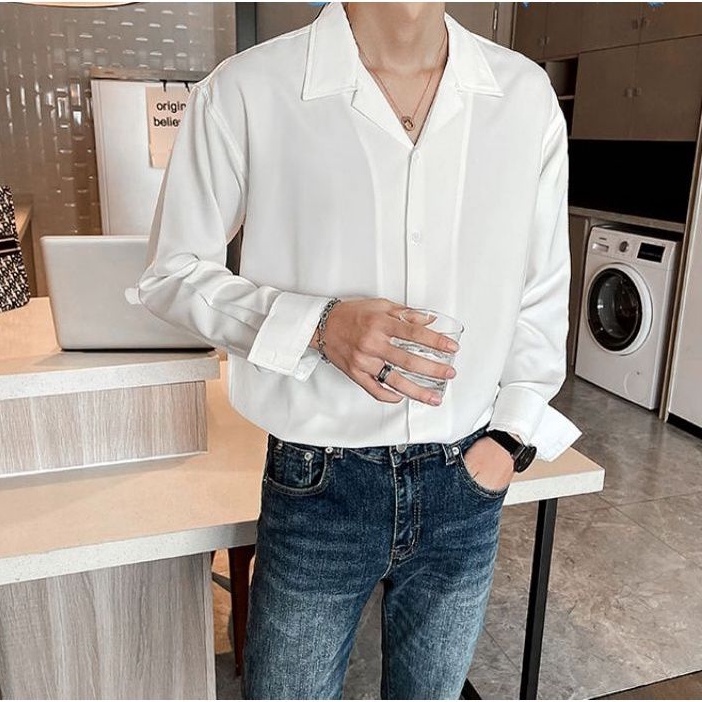 Áo sơ mi nam dài tay form rộng,Sơ mi Cổ Vest chất lụa cao cấp Hàn Quốc