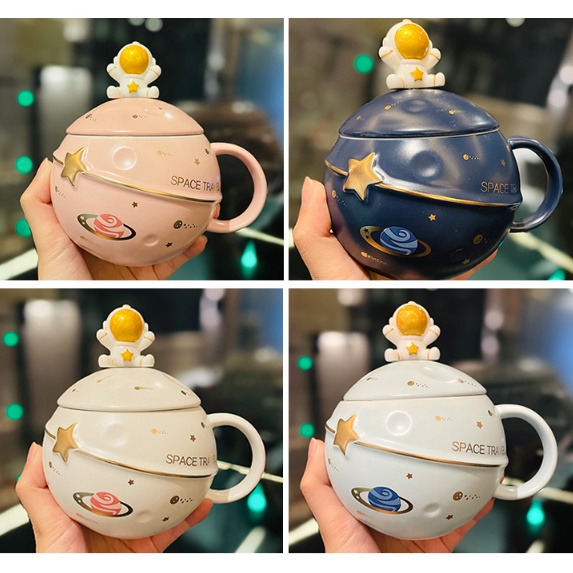 Bộ cốc ly sứ phi hành gia kèm thìa 3D dễ thương Cốc cốc kèm túi, hộp dùng làm quà tặng, uống nước, trà, pha cà phê