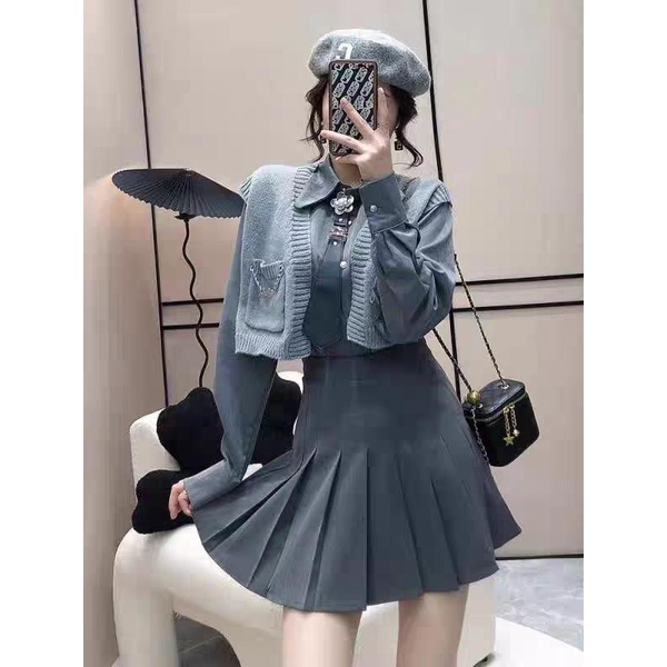 Set áo vest len sơ mi phối chân váy xám. Ảnh thật