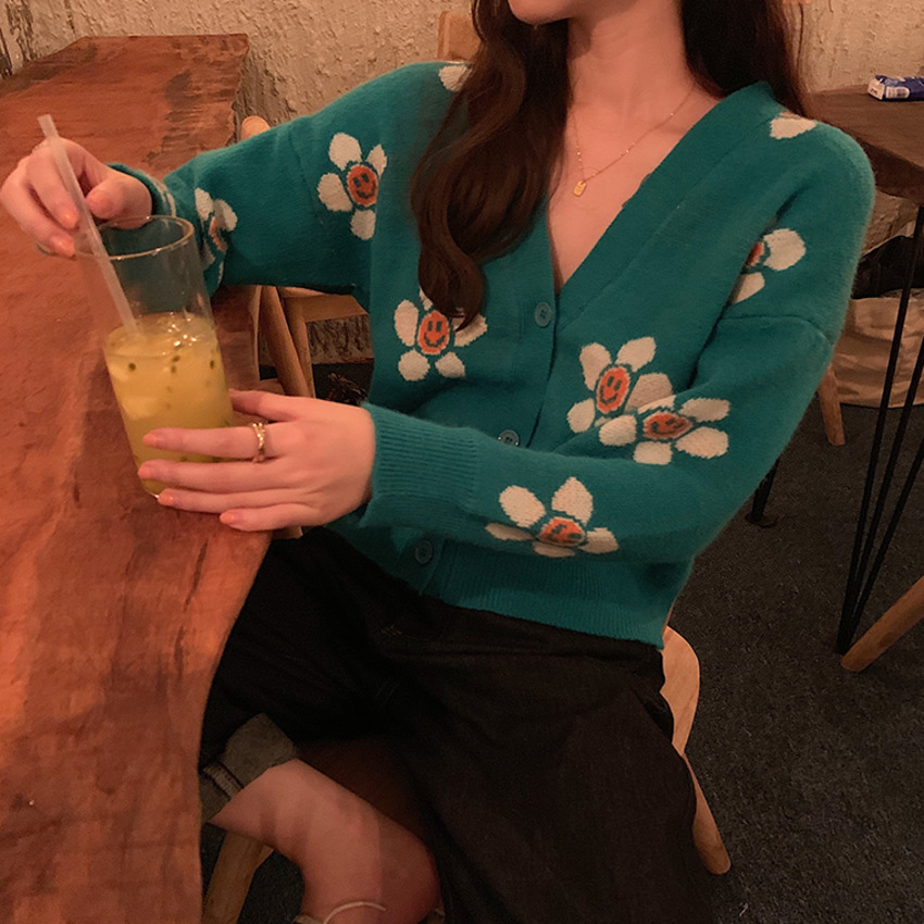 Áo Khoác Cardigan Dệt Kim Cổ Chữ V In Họa Tiết Hoa Phong Cách Hàn Quốc Thời Trang Cho Nữ
