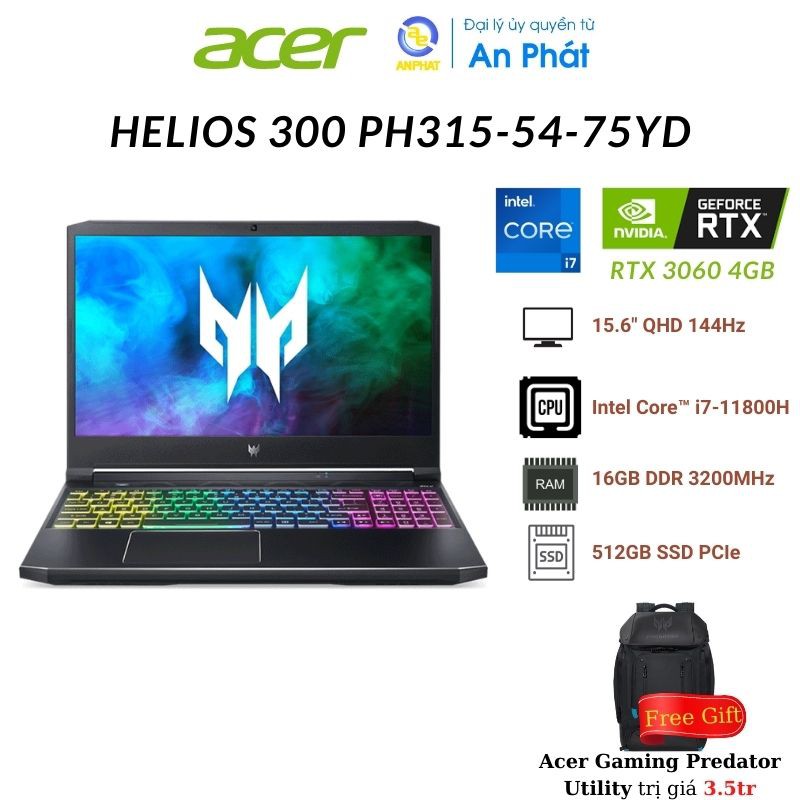 [Mã ELBAU7 giảm 7%] Laptop Acer Predator Helios 300 PH315-54-75YD (Core i7-11800H + 15.6 inch QHD)