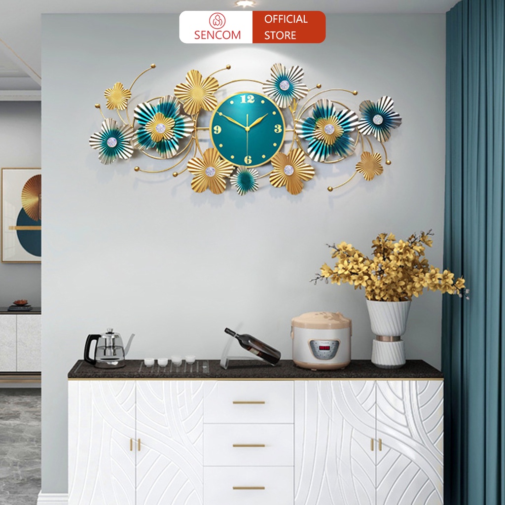 Đồng hồ treo tường trang trí phòng khách SENCOM, đồng hồ decor hoa xanh nghệ thuật - 2906