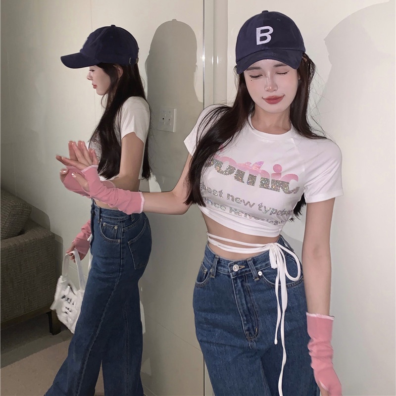 Áo Thun Tay Ngắn Thiết Kế Đan Dây Quyến Rũ Cho Nữ