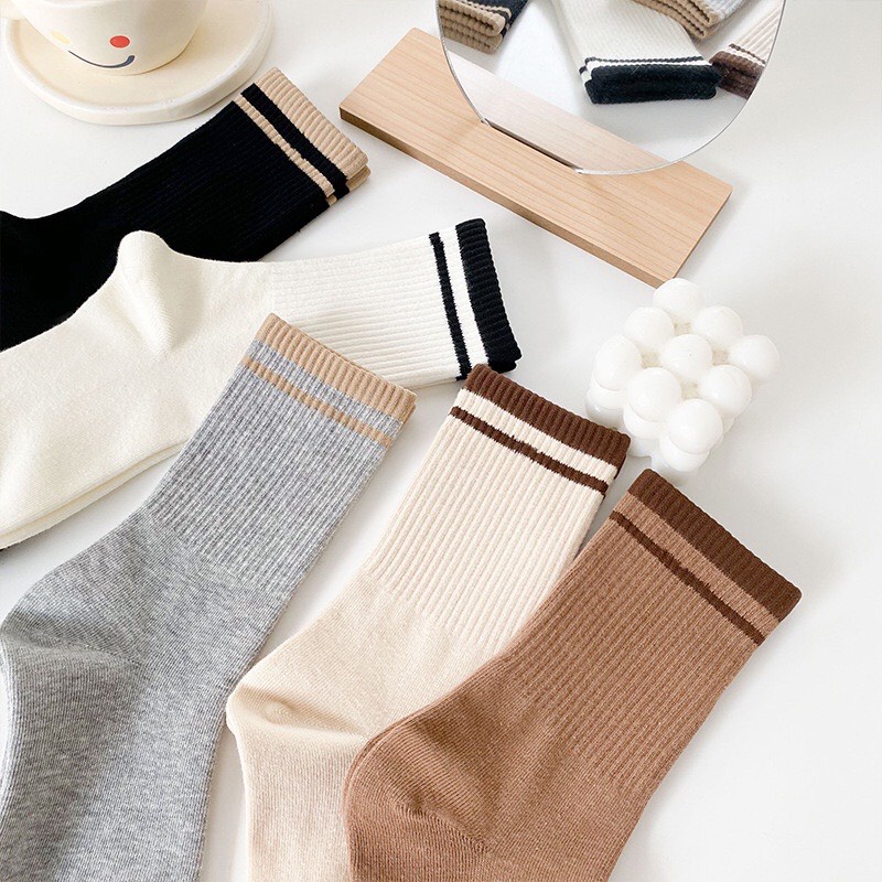 Tất cổ cao nam nữ sọc ngang phong cách Hàn Quốc vớ thể thao cá tính chất cotton siêu mềm co giãn tốt ABICA TD035