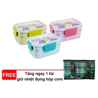 (Tặng kèm túi giữ nhiệt) Hộp cơm trưa văn phòng 2 tầng kiểu Nhật có khay chia thức ăn inox giữ nhiệt tốt siêu xinh