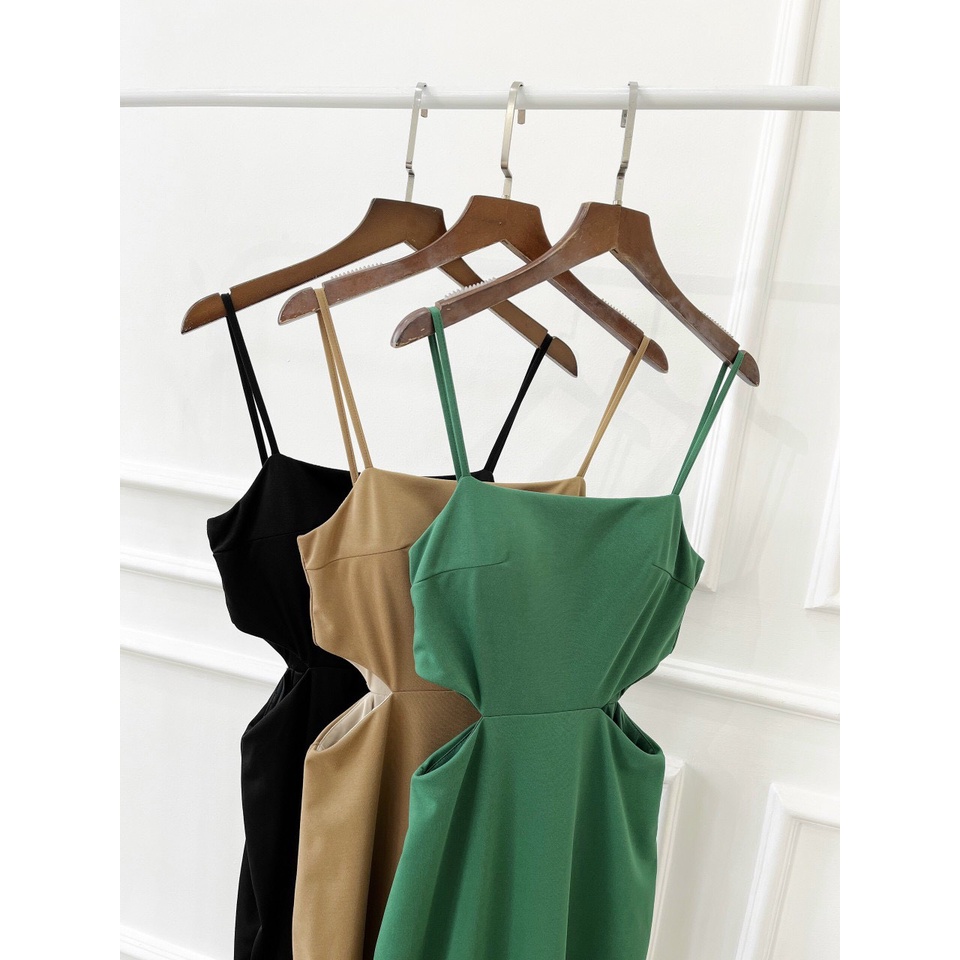 Đầm thun body nữ khoét eo dáng dài, đầm nữ hai dây ôm midi xẻ tà có mút ngực NPDAM012
