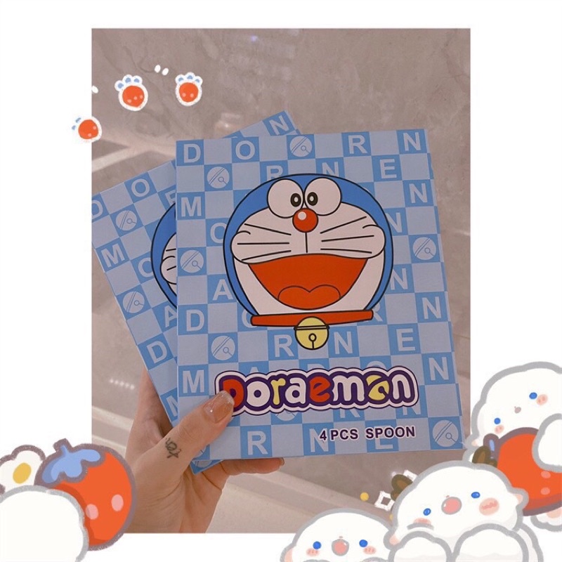 Set 4 muỗng Doremon inox mạ vàng kèm vỏ hộp xinh xắn - Bộ 4 thìa doraemon inox mạ vàng khắc hình Doremon đáng yêu