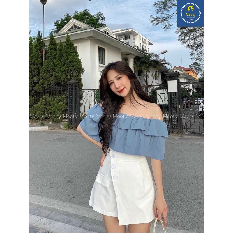 Set Đồ Nữ Đi Chơi Gồm Áo Bẹt Vai Bèo Xanh Xếp Tầng Mix Quần Váy Trắng Phối Nút Cá Tính Vải Đũi Lụa Mềm Mịn M14 - Meety