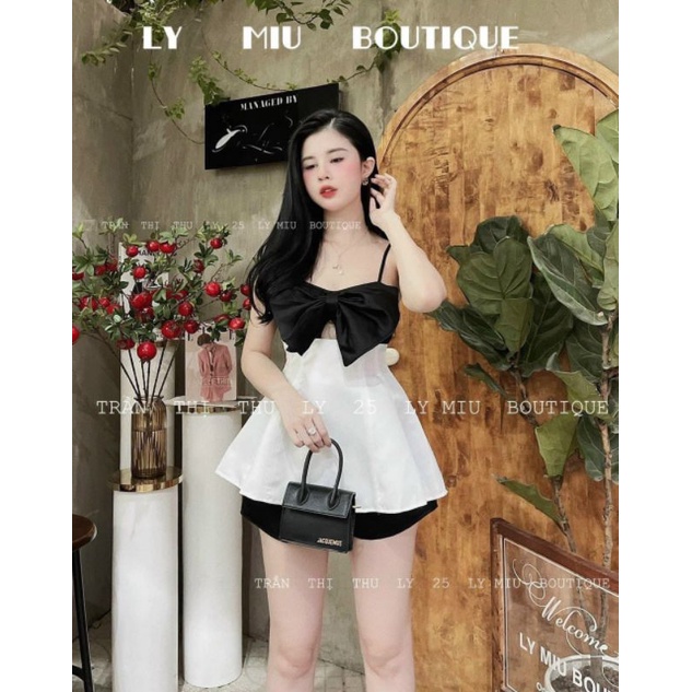 Set áo 2 dây phối nơ + quần short đen Size 37-50kg
