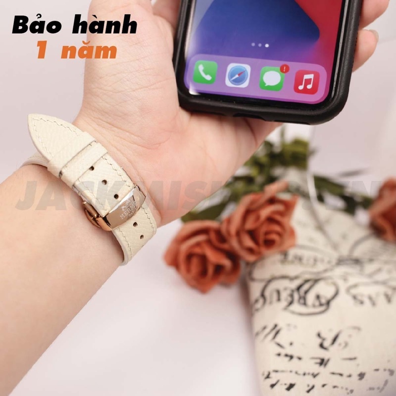 [BẢO HÀNH 1 NĂM] Dây Da EPSOM may tay thủ công màu Kem khóa Bướm cho Apple Watch series 1/2/3/4/5/6/7