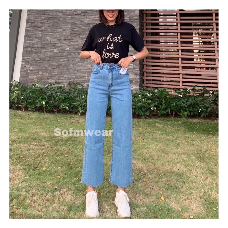 Quần Jeans Nữ Ống Rộng SofmWear 9 Tấc Quần Jean Ống Suông Tua Lai