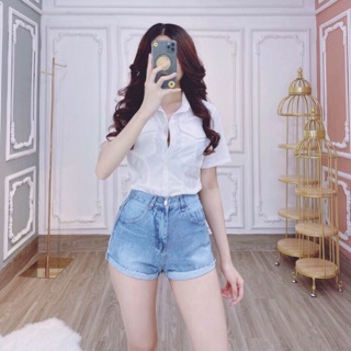 👑😻Quần short jean nữ trơn xanh cuốn lai