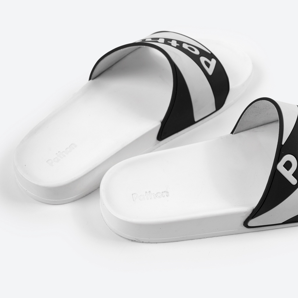 Dép nam nữ quai ngang slipper Pathon quai PVC và đế PU trắng quai sọc chéo đen trắng in chữ Pathon SD52