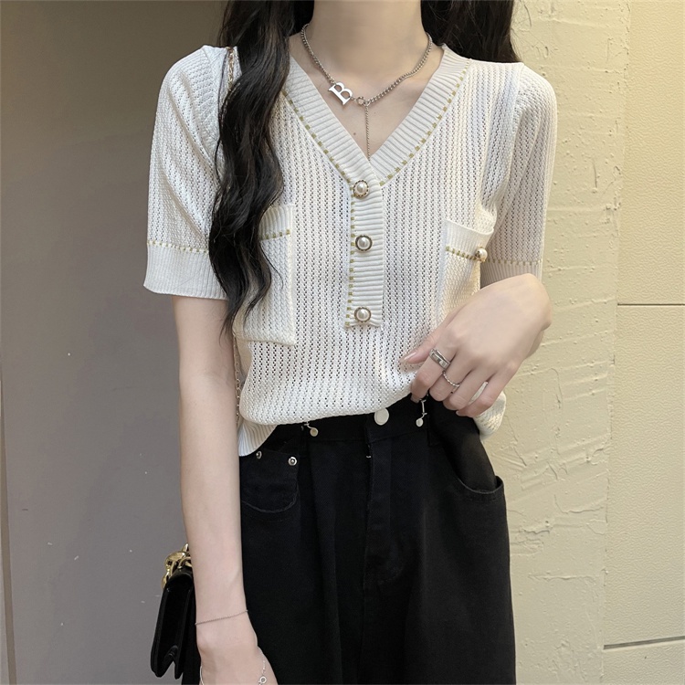 SUXI Áo Thun Dệt Kim Tay Ngắn Cổ Chữ V Màu Sắc Trơn Phong Cách Hàn Quốc Cho Nữ