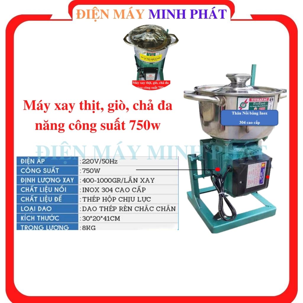 Máy xay thịt giò chả cua cá tỏi ớt công nghiệp đa năng bằng điện 750W, máy inox quấn lõi đồng công suất lớn