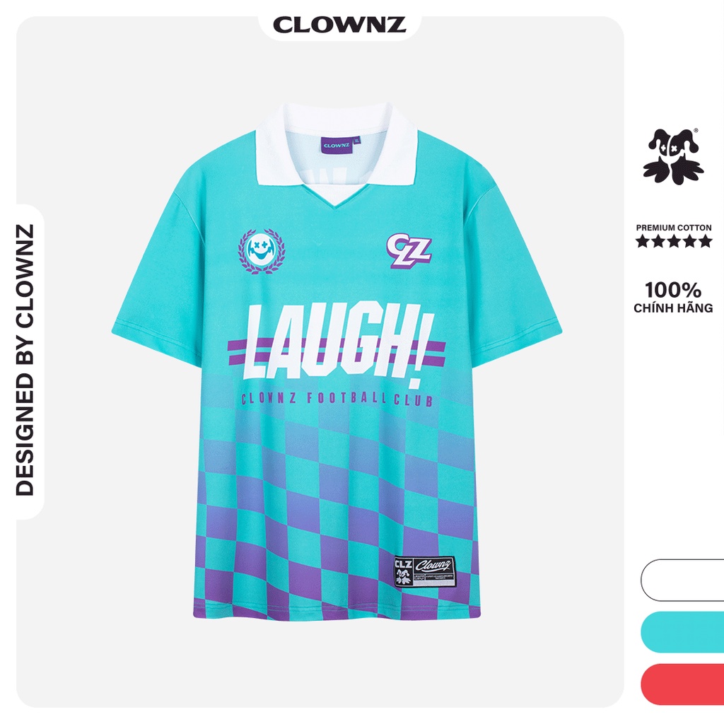 Áo bóng đá local brand Clownz Checker Board dáng tay lỡ màu xanh, unisex form rộng