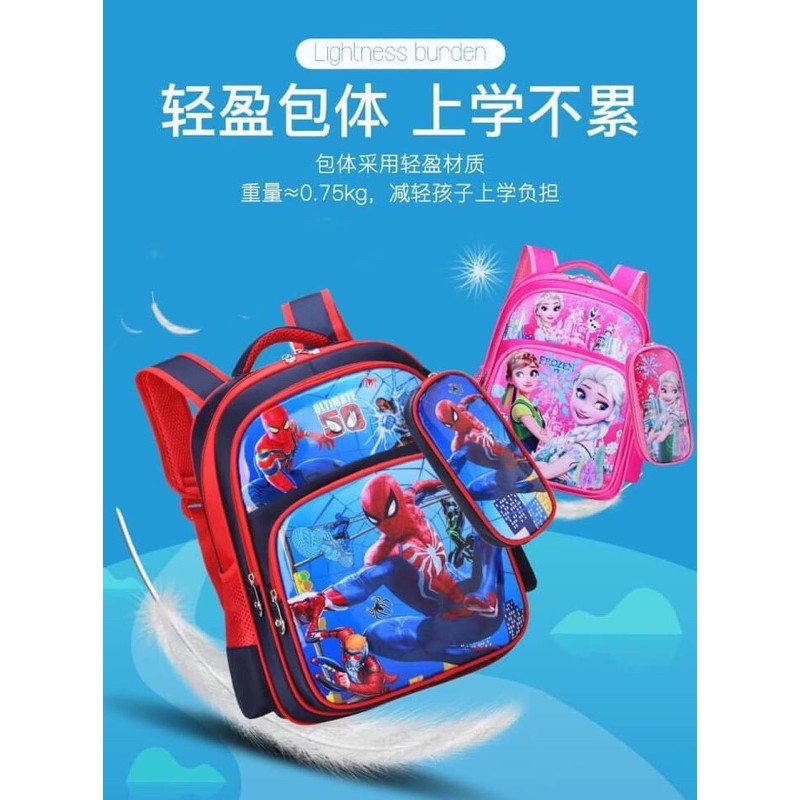 Balo chống gù in hoạt hình 3D Elsa, Nhện cho học sinh cấp 1,2 thích hợp cho cả bé trai lẫn gái [ mua balô tặng hộp bút)