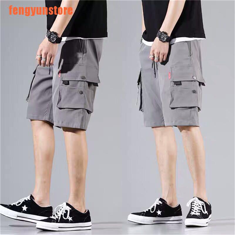 【llow】Mens Shorts Bermuda Cargo Multi-Pocket Pants Elastic Waist Knee Length Sho