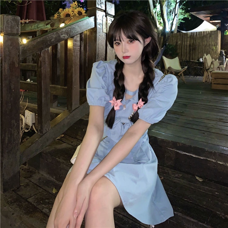 AMOI Đầm Tay Phồng Cổ Chữ V Màu Trơn Dễ Thương Dành Cho Nữ 2022