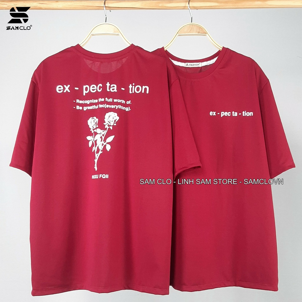 Áo phông tay lỡ nữ freesize form rộng thun Unisex, mặc lớp, cặp, nhóm in hình HOA HỒNG chữ EXPECTATION đỏ đô