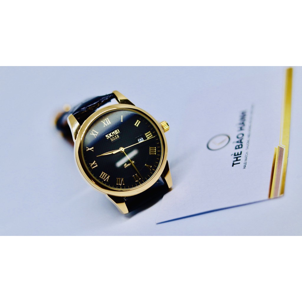 Đồng hồ nam chính hãng SKMEI thiết kế sang trọng, dây da cá sấu , mặt vàng đen , lịch lãm , chống nước