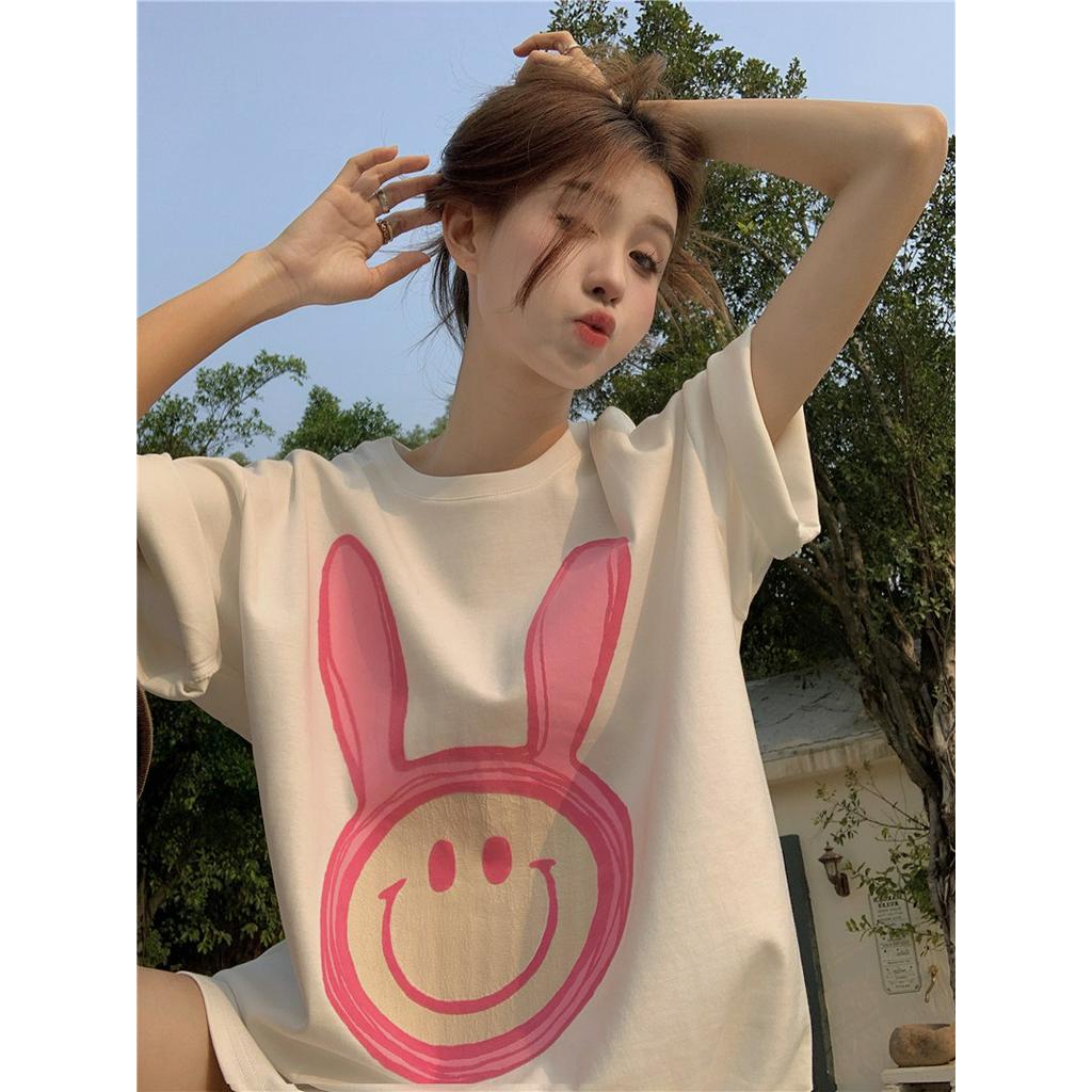 Áo Thun cotton Dáng Rộng In Họa Tiết Thỏ Hoạt Hình Xinh Xắn Thời Trang Mùa Hè Cho Nữ