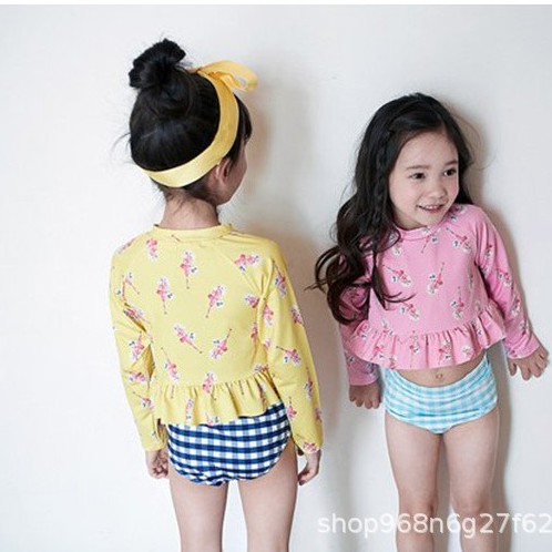 Bộ Bơi Áo Tay Dài Bikini Rời Kèm Nón Xinh Xắn Cho Bé Gái