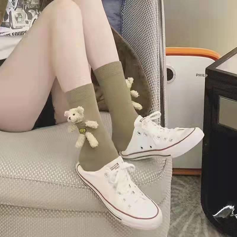 Vớ cotton Cổ Vừa Họa Tiết Gấu Bông Ba Chiều Phong Cách Nhật Hàn Mới Cho Nữ