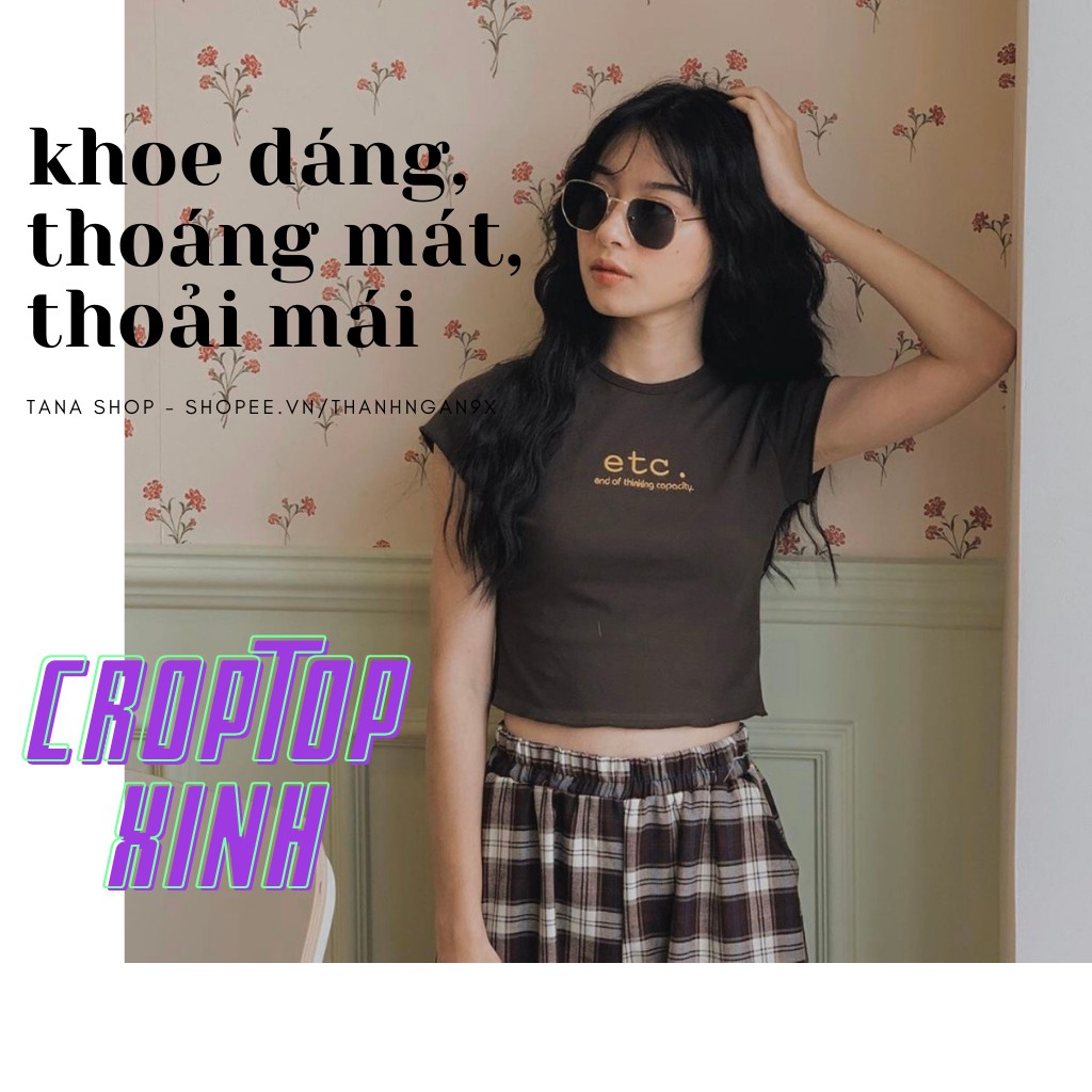 Áo thun croptop nữ ôm khoe dáng thêu chữ ETC 3 màu