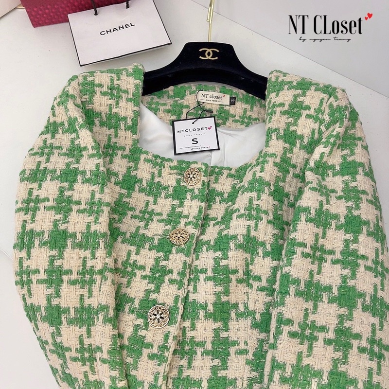 Áo khoác dạ tweed kẻ xanh cổ vuông chuẩn NT closet (sẵn) | BigBuy360 - bigbuy360.vn