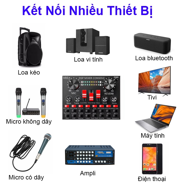 Mixer Mini Karaoke, Vang Mini Soundcard V8S+ Bluetooth Karaoke, Thu Âm, Livestream