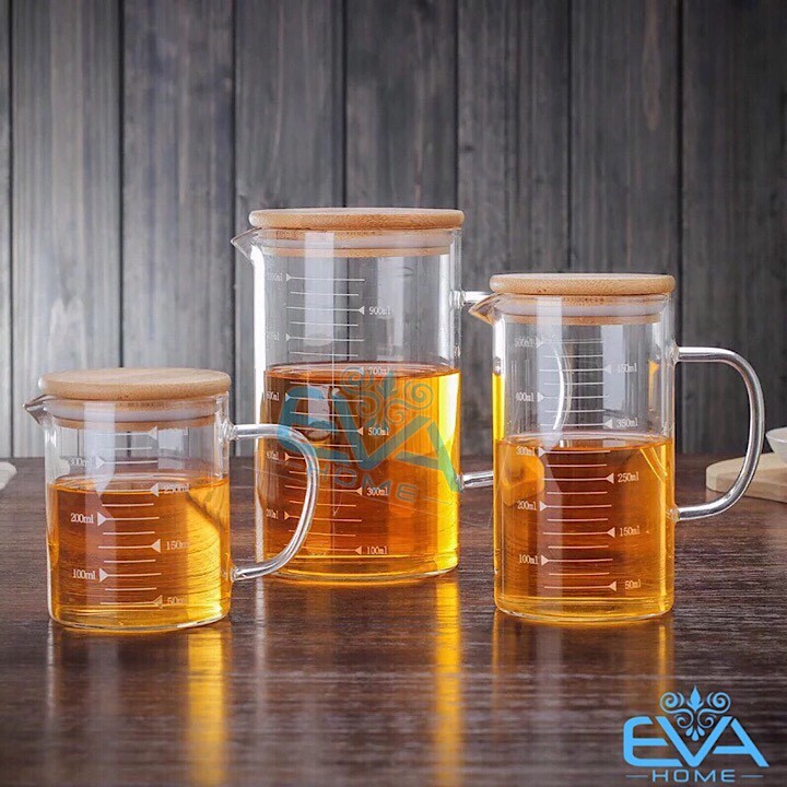 Ly Cốc ca thủy tinh Glass Cup chia vạch đo lường định lượng đong thể tích có nắp gỗ đậy chịu nhiệt 350-500-1000ml