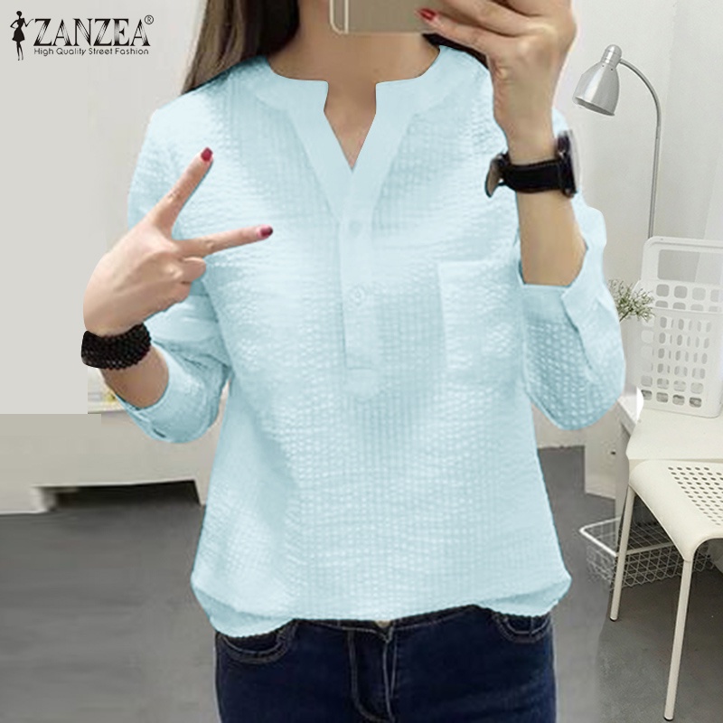 ZANZEA Áo Sơ Mi Nữ Tay Dài Cổ Chữ V Họa Tiết Sọc Thời Trang Phong Cách Hàn Quốc